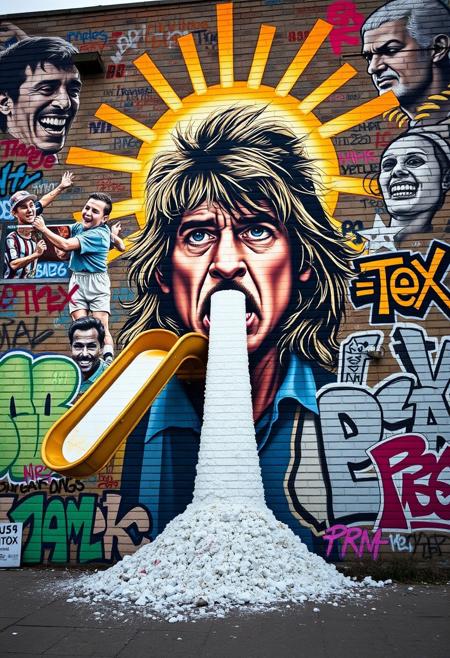 “A surreal and detailed mural of Diego Armando Maradona painted on a large urban brick wall, featuring multiple iconic moments of his career in a collage style. Maradona’s central figure is depicted with expressive eyes, his legendary long hair, and a radiant golden aura around his head symbolizing his legacy. From the nostrils of one prominent portrait, a 3D child slide emerges, winding down dramatically and covered in white powder, symbolically gathering in a pile on the floor. Around him, smaller depictions of his ‘Hand of God’ goal, his joyful celebrations, and a young Maradona playing in the streets of Buenos Aires are painted. The setting includes vivid graffiti tags and urban decay, with the text ‘Rotten Cartel: Buzz 4 Detox’ prominently spray-painted in a bold, grungy style in the background. This creates a striking mix of nostalgia, raw urban energy, and symbolic contrasts, with vibrant colors and gritty street art aesthetics.”
