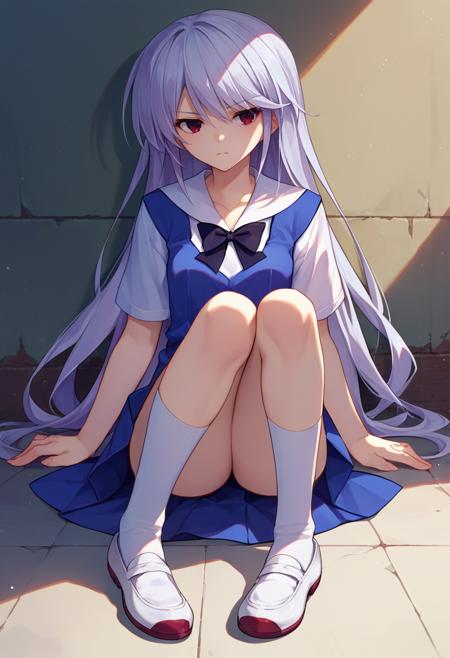 kazami kazuki, silver hair, long hair, red eyes school uniform, black bow white kneehighs sundress