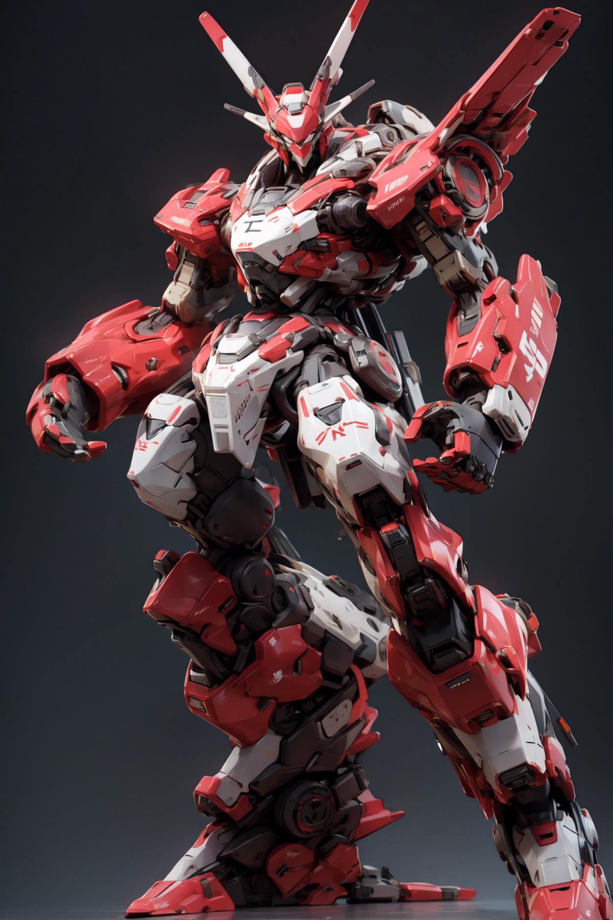 A red and white robot stands in a dark background.
