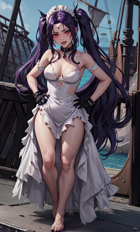 (masterpiece), (best quality:1.0), (ultra highres:1.0), 1girl, solo, detailed eyes, AGalley, long hair, breasts, looking at viewer, red eyes, gloves, dress, bare shoulders, twintails, very long hair, full body, purple hair, barefoot, black gloves, nail polish, white dress, collar, torn clothes, maid, maid headdress, clothing cutout, fangs, head wings, black nails, toenails, toenail polish, vampire, torn dress, sensual pose, gorgeous view, medium breasts, sensual, standing, blushing, sea, ocean, ship, daylight, hands on hips, full body portrait, evil grin,   <lyco:AGalley:0.6>