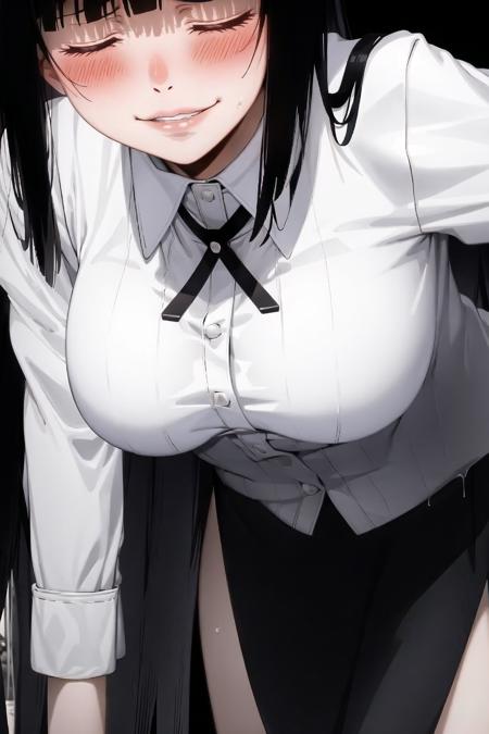 jabami yumeko, 1girl, bangs, black background, black hair, black neckwear, blunt bangs, blush, breasts, chain, closed eyes, collared shirt, large breasts, leaning forward, long hair, parted lips, ribbon, shirt, smile, solo, white shirt <lora:yumekov1:0.6>