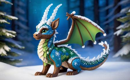 Idyllic, In a twinkling, snow-covered glade, a diminutive and sprightly figure darts among frost-laden trees, its scales shimmering in hues of icy blue and vibrant green, reminiscent of a mythical dragon in miniature. This whimsical being, with pointed ears peeking through its snowflake-speckled fur hat, embodies the mischievous yet heartwarming essence of the holiday season. Its eyes, bright as the North Star, hold centuries of yuletide secrets. Clad in a patchwork coat stitched from the night sky and the northern lights, it carries a satchel brimming with mysterious, handcrafted toys and trinkets, leaving a trail of sparkling magic and soft jingles in the crisp winter air, a herald of festive wonders and joyous enchantments., peaceful, happy, pleasant, happy, harmonious, picturesque, charming,
