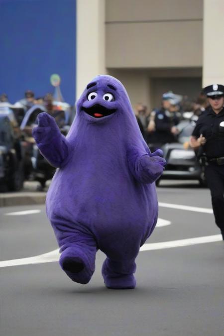 <lora:PE_Grimace:0.8> Grimace,
running away from group of police officers, getting chased by police