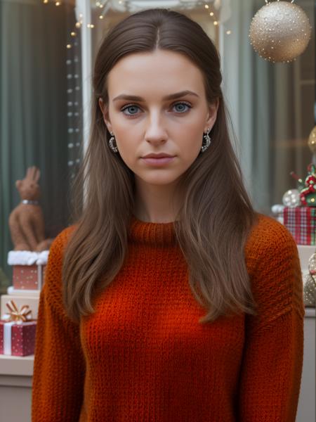 <lora:t4y10r_16SD-000007:0.9>, a (close up:0.8) photograph of (beautiful 25 year old) (t4y10r woman:1.2)woman with medium brown hair, as a tourist,walking in a quaint small village square,wearing (clay orange knit sweater:1.2) with (cedar brown pants),wearing diamond earrings and bracelet,holding a wrapped gift box,surrounded by (shops with festive window displays:1.3),(sexy smirk:0.7),lips,(face focus), cinematic photograph, photorealism, realistic lighting,(bokeh),realistic shadows,masterpiece,Award-winning, 8K wallpaper,Hyperrealistic, intricate detailed, subsurface scattering, rule of thirds, detailed pupils, 35mm photograph, detailed skin texture, subsurface scattering