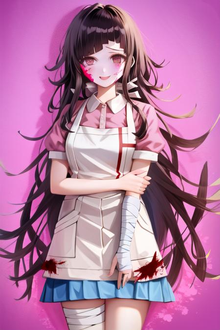 <lora:MikanDG:1>, 1girl, solo, messy hair, bandages, apron, shirt, short sleeves, bandaged leg, puffy sleeves, pink shirt, official style, blue skirt, smile, puffy short sleeves, pleated skirt, bandaged arm, white apron, collared shirt, classroom, yandere, (pink blood:1.2), (blood:1.2)