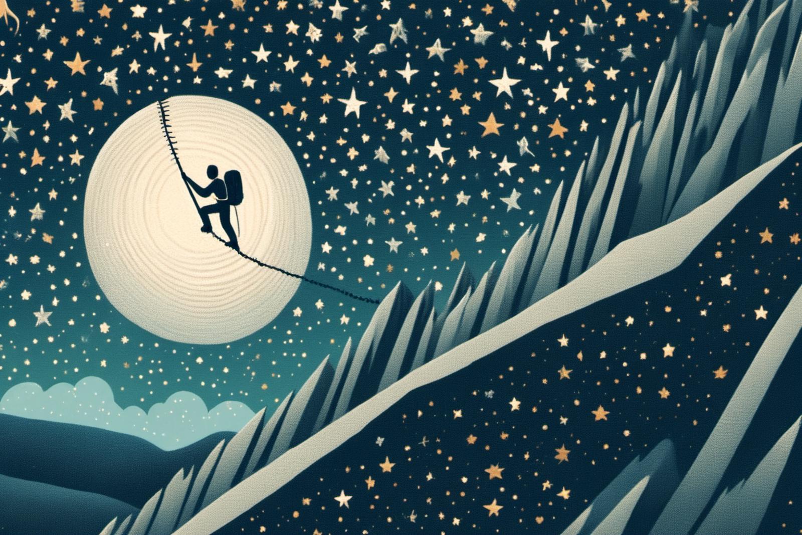 Man Climbing a Mountain on a Rope Ladder at Night with a Full Moon in the Background