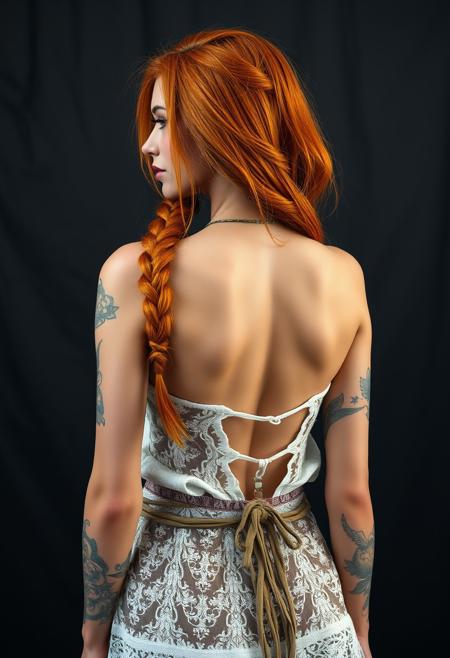 1 girl, 24 years old, tonned body, skinny body, (heavy breast 1.6), laced hippie dress, deep cleavage, tattoos, orange gradient hairs, heavy braid, pink lips, wet skin, round firm ass, view from rear, 8k, ultra detailed skin texture, ultra realistic skin texture
