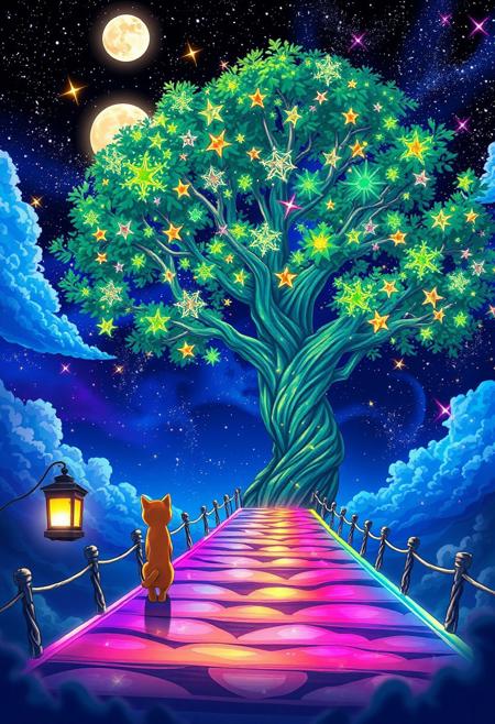 tree,stars,glow,night,cosmic,life,star,xenoblade,chronicles,scenic,desktop,nontextual,matter,abstraction,art,outline,abstract,chibionpu,tableau,arbre,peinture,moon,stars,,glow,fantasy,,night,tree,lantern,picture,color,,clouds,,light,,,,photo,revue,landscape,sylar,rainbow,brilliant,acid,mystic,kits,pink,,petals,,meditaie,,unificrii,conectare,mama,upscale,,number,<lora:wegg:1.0>,Envision a vast, vibrant rainbow bridge spanning a celestial realm. At one end, picture a magnificent orange tabby with medium-long fur,approaching with gentle curiosity. On the opposite side, imagine an althletic sleek tuxedo-patterned cat (95% black), adorned in striking black and white markings, standing with a sense of presence. Reflect on the essence of their encounter amidst the ethereal backdrop, reminiscent of the Rainbow Bridge from Pixar's Coco. The image represents a scene of the orange cat recently dying and leaving the world of the living via the rainbow bridge and seeing his loved one waiting for him on the bridge., wildlife photography, vibrant, architecture, 3d render, cinematic