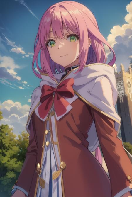 nornclatalissajioral, <lora:norn clatalissa jioral s1-lora-nochekaiser:1>,
norn clatalissa jioral, long hair, hair between eyes, (green eyes:1.5), pink hair, smile,
BREAK long sleeves, dress, bow, red bow, hood, robe, white robe,
BREAK outdoors, forest, nature, grass, trees, sun, sky, clouds,
BREAK looking at viewer, (cowboy shot:1.5),
BREAK <lyco:GoodHands-beta2:1>, (masterpiece:1.2), best quality, high resolution, unity 8k wallpaper, (illustration:0.8), (beautiful detailed eyes:1.6), extremely detailed face, perfect lighting, extremely detailed CG, (perfect hands, perfect anatomy),