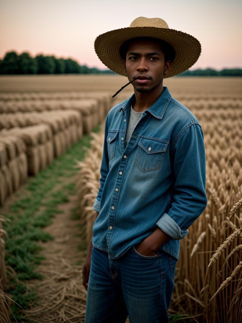 Man wearing a blue shirt and hat in a field.