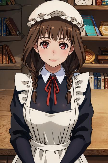 masterpiece, best quality,  <lora:maidane-nvwls-v1-000009:0.8> maidane, twin braids, hat, maid uniform, black dress, long sleeves, apron, large breasts, looking at viewer, indoors, bookshelf, smile, upper body, hand to heart