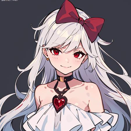 Sinestrea, 1girl, white hair, bare shoulders, white dress, frown hair bow, long hair, heart brooch, medium breasts, hair bow, ribbon, red eyes, collarbone, <lora:Sinestrea:0.6>, smile