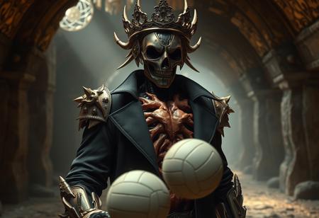 Create a 4K digital painting of a robot wearing the bone crown in meat armor from the Warhammer universe. The robot should be dressed in a black trenchcoat with an open chest, showcasing its intricate, elegant, and highly detailed flesh ornate design. Set the scene in ancient catacombs with a smooth, sharp focus and an ethereal atmosphere. Incorporate elements of volleyball, as if the robot is engaged in a game. The style should be reminiscent of Artstation concept art, with influences from Greg Rutkowski and Alphonse Mucha. Output should be in the style of an Octane render.