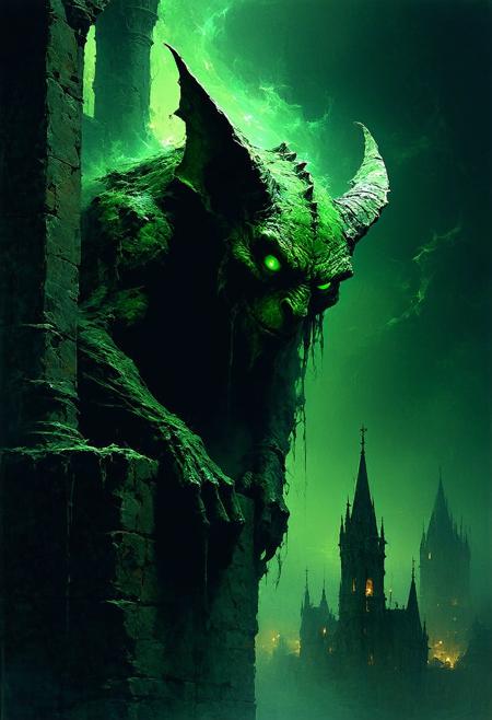 Painterly dark fantasy illustration, style of Brom and Zdzisław Beksiński. Low-angle close-up: Ancient stone gargoyle's head tilts upward, baleful phosphorescent green eyes glowing intensely from deep sockets. Weathered, pitted stone covered in grime and faint moss, rendered with visible, textured brushstrokes. Dramatic moonlight carves sharp highlights against abyssal shadows. Swirling nocturnal mist clings to the cathedral spire perch. Atmosphere of brooding menace, ancient sentience awakened. Hints of distant, blurred medieval city lights far below.