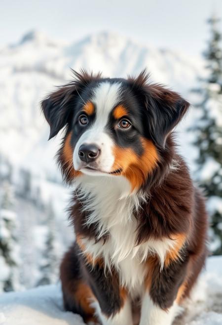 plush Australian Shepherd, puppy portrait. Snowy landscape. Mountains snowy pine trees.