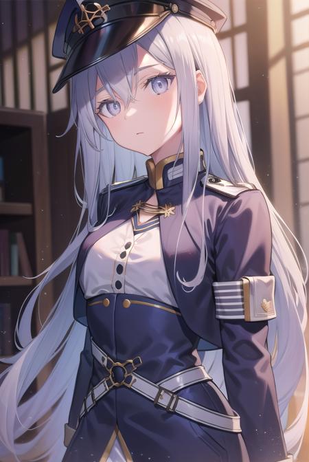 vladilenamilize, <lora:vladilenamilizetest:1>,
vladilena milize, (grey eyes:1.5),  grey hair, hair between eyes, long hair, ahoge,
BREAK blue headwear, blue jacket, blue skirt, hat, jacket, military, military hat, military uniform, peaked cap, shirt, skirt,  thighhighs, uniform, white shirt,  white thighhighs,
BREAK looking at viewer,
BREAK indoors, classroom,
BREAK <lora:GoodHands-vanilla:1>, (masterpiece:1.2), best quality, high resolution, unity 8k wallpaper, (illustration:0.8), (beautiful detailed eyes:1.6), extremely detailed face, perfect lighting, extremely detailed CG, (perfect hands, perfect anatomy),