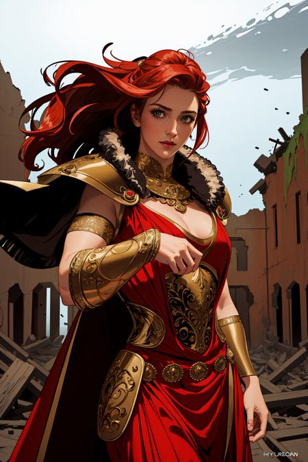 a female Amazon, pose after beating a monster, medieval theme,
(((masterpiece))),  ((best quality)), ((intricate detailed)), ((Hyperrealistic)), a muscular woman with feather coat, bracers, pauldrons, perspective, highly detailed, illustration, 1 girl, perfect hands, detailed fingers, beautiful detailed eyes, long hair, red hair  (fantasy:1.2),  armor, detailed background, a ruin, fierce look, looking at the viewer, from the front,  <lora:hadesB:0.6>