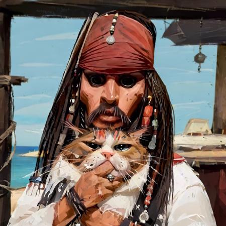 surprised Captain Jack Sparrow with a bandana on his head, holding the fat cat in his hands, caricature, albeniz rodriguez style <lora:albeniz-rodriguez-style:0.9>