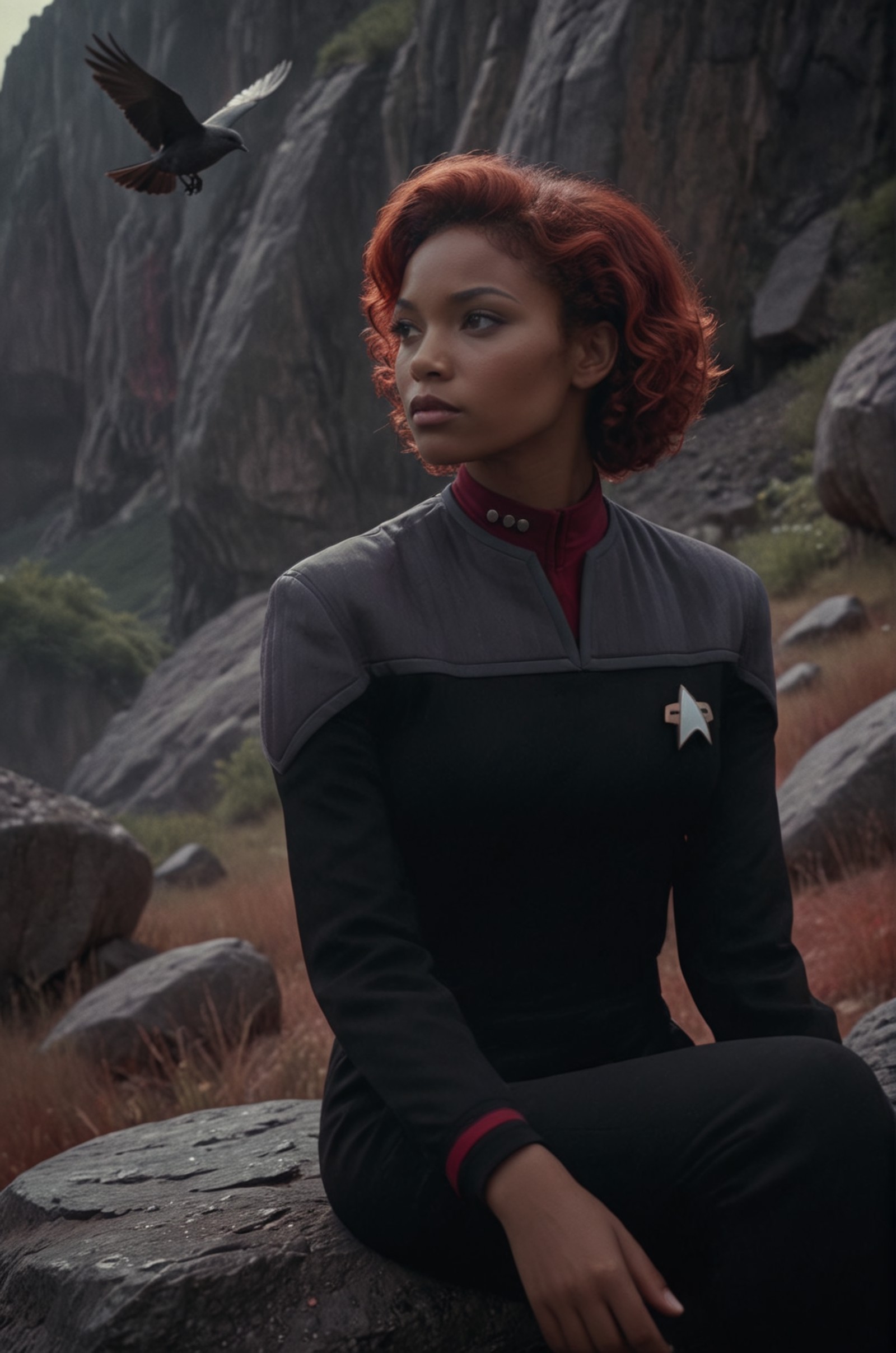 woman sitting at a rock in the mountains, gazing at bird in the air,woman  in black and grey ds9st uniform,red collar,intr...