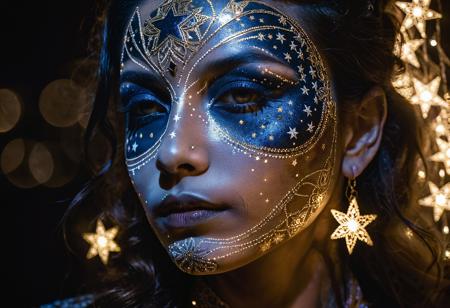 An image of a woman with stars painted on her face, intricate embellishments, contemporary art, backlight, carnivalesque, detailed atmospheric portraits, sgrafitto