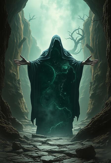 A universe inside a dark cloaked figure within mysterious landscape in an unfathomable realm of fantastic creation inhabited by ancient shadows of a forgotten time beyond the gate of the gateless gate where life is limitless, light is shadow and shadow is light, eerie sense, horror, spark of the beginning, existence and nonexistence at once, ethereal, outstretched arms, behold the end of the beginning, inglorious glory to the dark one, betrayal of the ancient order, beware the 7headed beast, destroyer of the old ways, bearer of the unbearable, nightmarish, archaic runes, tree aging backwards, breath of the gods, ruins of a place unimagined, extreme intricate detail, photorealistic, beyond epic scene, fate discarded, unseeable face of god, the end is the beginning, the beginning is the end, man arises as god dies, as above so below, as below so above, emerald tablet, thoth