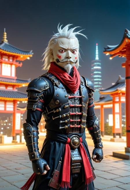 masterpiece, best quality, 8K, photo, evi@decrepPunk, black ninja nutcracker, white beard, standing, crossed arms, wind swept long scarf, Cityscape at night, red torii in background,