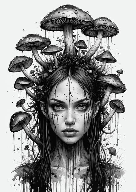 VibrantlySharp style,
animeniji,
3pic_vist4, An eldritch girl crowned in toadstools, her face half-submerged in ink, with clusters of toxic red mushrooms emerging like tumors, each stalk veined and pulsing, her expression solemn, eyes wide and ancient, lost in the fog of a fungal dream, dripping spores blurring the edges of her fading humanity.
  <lora:Mushroom_Portrait_Flux_v1:1> boshroomworld <lora:SketchStyle:1> Jedsk5tch, sketch, black and white  <lora:DarkAnimeArt_V1:1> dark line art