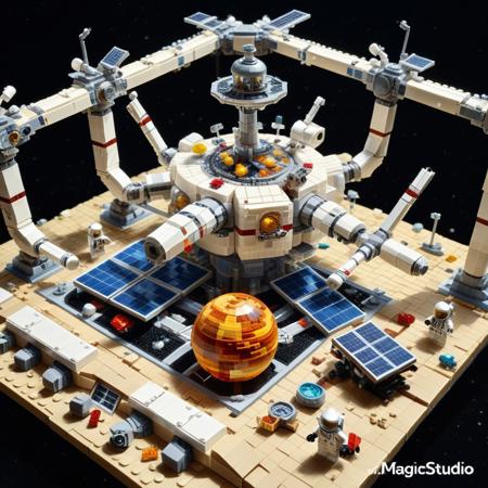 a space station orbiting a blocky LEGO planet, solar panels snapped from translucent studs, astronauts floating on hinge arms, docking bays glowing with internal light bricks, surrounding stars rendered as tiny stud specks, LEGO