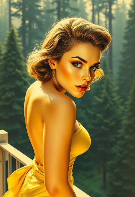 by Bill Medcalf, (slushy but extremely beautiful:1.4), (intricate details, masterpiece, best quality:1.4) ,pale gold and pale yellow theme, in the style of nicola samori, Retro-futuristism, vintage sci-fi, 50s and 60s style, atomic age, vibrant, highly detailed, retro futurism,, dynamic pose, side view, looking at viewer masterpiece, detailed face, beautiful, provocative, BREAK on balcony, forest background