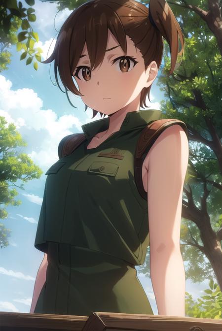 shinokuribayashi, <lora:shino kuribayashi s1s2-lora-nochekaiser:1>,
shino kuribayashi, short hair, brown hair, (brown eyes:1.7), side ponytail,
BREAK uniform, military, military uniform, (green uniform:1.5),
BREAK outdoors, forest, nature, sun, sky, clouds, trees, grass,
BREAK looking at viewer, (cowboy shot:1.5),
BREAK <lyco:GoodHands-beta2:1>, (masterpiece:1.2), best quality, high resolution, unity 8k wallpaper, (illustration:0.8), (beautiful detailed eyes:1.6), extremely detailed face, perfect lighting, extremely detailed CG, (perfect hands, perfect anatomy),