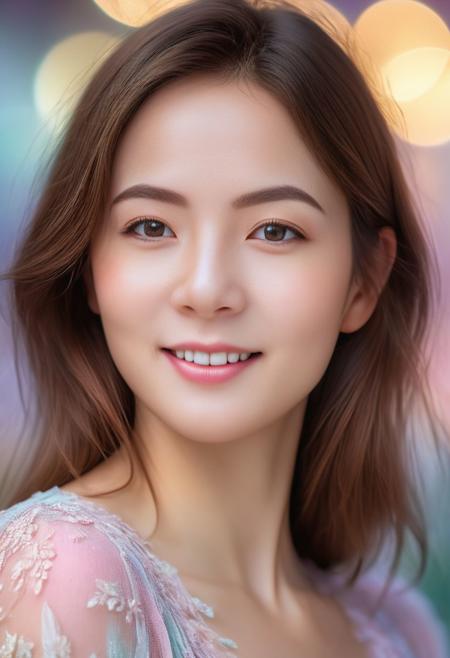 Beautiful woman, ethereal, high detail, portrait, elegant, delicate features, emotional expression, masterpiece, 8k resolution, Extremely high-resolution details, realism pushed to extreme, fine texture, incredibly lifelike, looking at viewer, solo focus, realistic, photorealistic, ultra realistic photograph, pastel background with pastel bokeh, Exquisite details and textures, grainy, face details, real face, perfect body, smile, 1girl, brown hair,