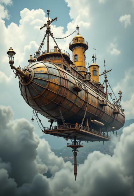 A steampunk airship in flight, steampunk, brass and gears, Victorian influence, intricate design, cloudy sky, vintage, mechanical, adventurous, detailed, imaginative, retro
, aidmaHyperrealism, aidmafluxpro1.1, aidmaimageupgrader