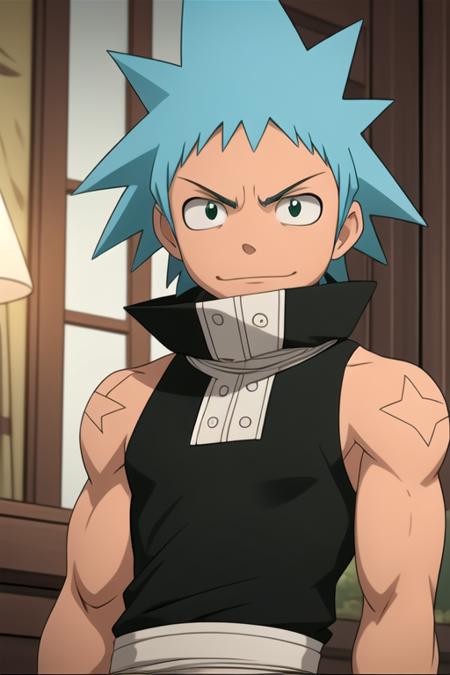 black_star_soul_eater blue hair green eyes spiked hair