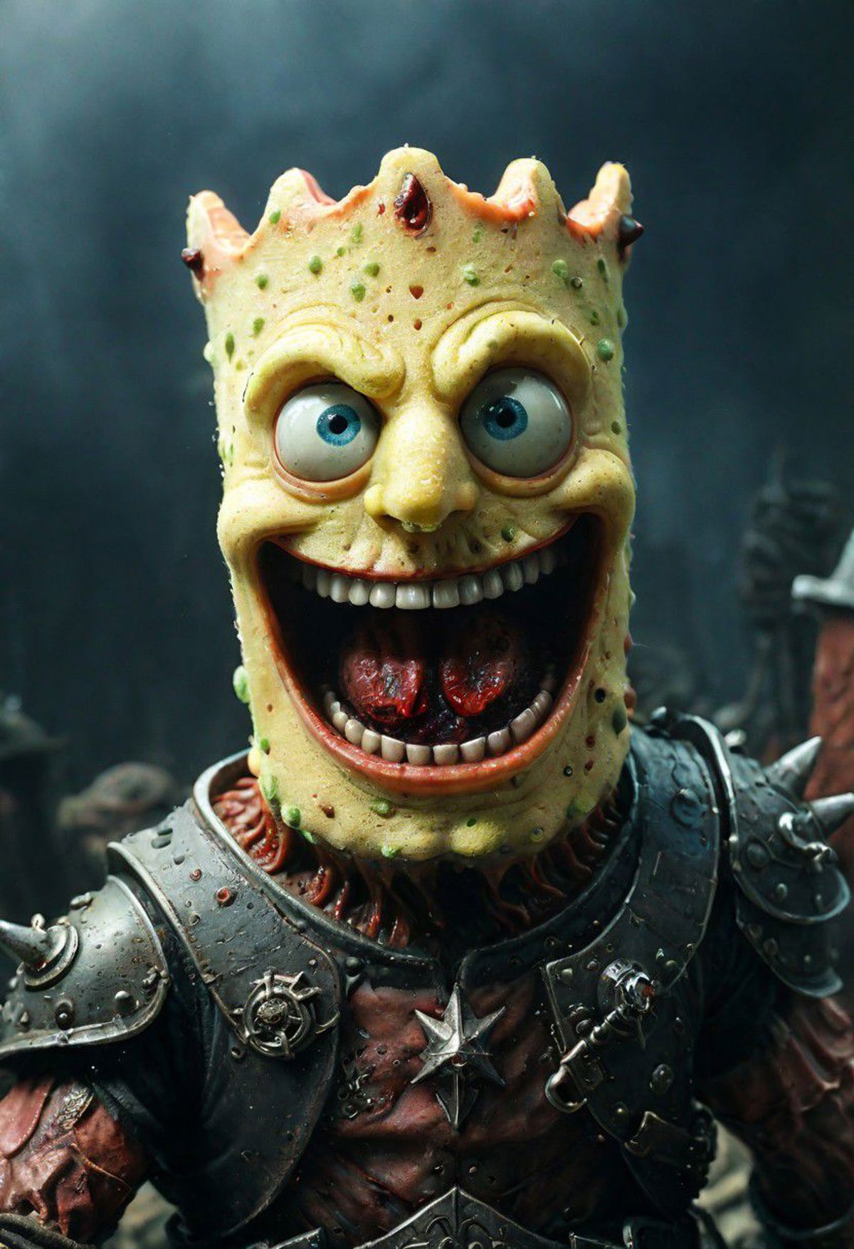 A creepy, smiling, blue-eyed, yellow demon or monster head.