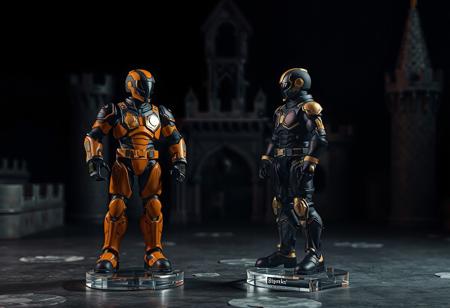 The image depicts Sparkman on a clear titanium stand against a dark Castle background. The left one, in black and orange, stands ready with arms at its sides. The right one, in black and gold, seems engaged in silent conversation. Despite the simple setup, the image is full of vibrant color and detail, with the Sparkman appearing to float on their stands. Enhanced details include: 4K, exceptional quality, lifelike details, dynamic action pose, captivating lighting, vivid emotions, and a harmonious composition. The scene is rendered with Octane Render and Unreal Engine 5 for a 3D-bill-size effect.