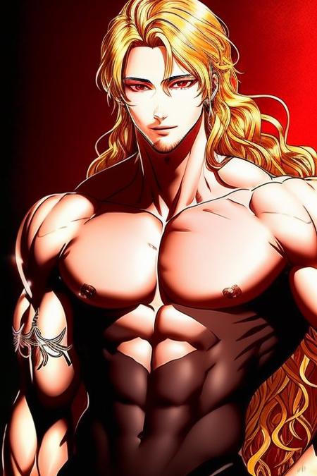 blonde hair, long eyelashes,(red eyes:1.2),  <lora:roxanna1:0.7>, masterpiece, best quality, realistic, tall muscular, handsome, (upper body:1.3), extremely detailed face, looking at viewer, (wavy long hair)