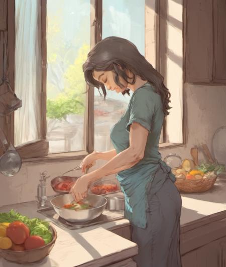 <lora:CSRfull:0.9> 2d anime hand-drawn digital sketch style,         A highly detailed mother in her kitchen preparing meal, window sunny day, happy, smiling,