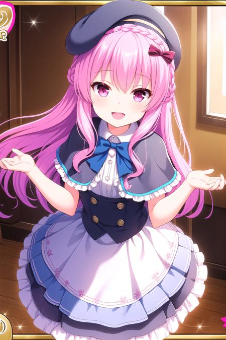 (masterpiece, best quality), highly detailed background, perfect lightingbest quality, kagamimatsuri, solo, indoors, beret, grey headwear, pink hair, hair bow, braid, crown braid, very long hair, pink eyes, necklace, black bowtie, grey capelet, frilled dress, grey dress, white shirt, <lora:GoodHands-vanilla:1>, grey skirt, black footwear, smile, open mouth, :d, pink lips, <lora:Kagami-Matsuri:0.7>