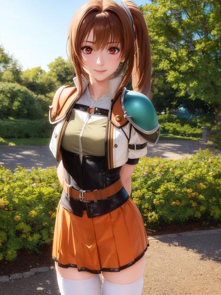 masterpiece, (realistic:1.4), photorealistic, perfect image, estelle, shoulder armor, short jacket, belt, orange skirt, white thighhighs, red eyes, cowboy shot, garden