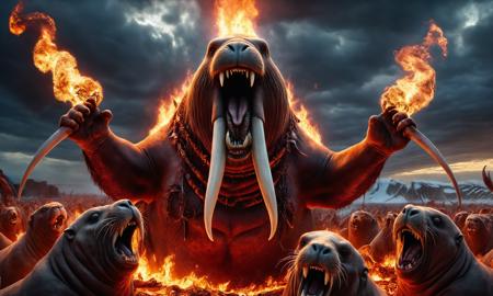 an 8K cinematic photograph of DonMD347hM374lXL, wide angle, a herd of fire walrus sky gods laughing at the condemned, disembowelment, impaled corpses, highly detailed, gore <lora:DonMD347hM374lXL-000008:0.7> , UHD, ultra detailed, beautiful lighting, great composition