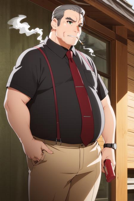 1boy, fat, plump, old, black shirt, white pants, suspenders, red necktie, wristwatch, grey hair, hair slicked back, green eyes ooishikuraudo