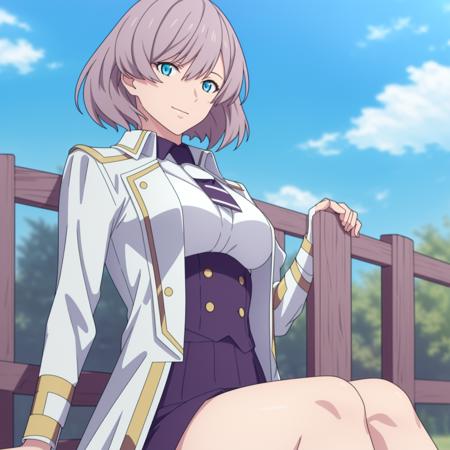 ((masterpiece)),((highres)),((best quality)),((highly detailed)),((extremely detailed CG unity 8k wallpaper)),illustration,mujina,medium breasts,facing viewer,blue sky,white cloud,light smile,solo,path,sitting,fence,