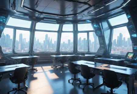 futuristic classroom, cyberpunk equipments; bright and cozy; large & crystal clear windows