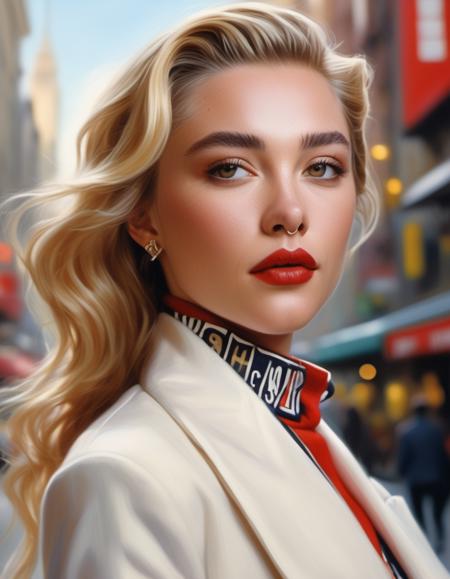 <lora:Florence Pugh:1>,  waist up photo of  flrncpgh woman,  as a movie star, red lipstick, turtleneck sweater, buttoned up jacket, (trousers), modelshoot style, (extremely detailed CG unity 8k wallpaper), photo of the most beautiful artwork in the world, professional majestic oil painting by Ed Blinkey, Atey Ghailan, Studio Ghibli, by Jeremy Mann, Greg Manchess, Antonio Moro, trending on ArtStation, trending on CGSociety, Intricate, High Detail, Sharp focus, dramatic, photorealistic painting art by midjourney and greg rutkowski, (walking down the street), (looking at viewer), (detailed eyes:1.2), (windblown hair:1.2), (perfect eyes:1.3), ((closeup portrait:1.2)), (bokeh)