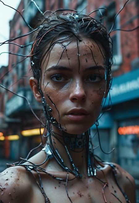 (hyperdetailed, cinematic, oscar-winning shot in camera canon eos r6 mark II, len ee 35mm, f2.6). Desolated city, ruin buildings, 22yo 1woman, cute face, cyborg body, thin and bold messy wires through her body, (human skin:1.2), (cyborg parts:1.5). desaturated colors, cold color shades, noise grain movie, cinematic lighting. Hyperdetailed, high-contrast, masterpiece, 8K, UHD, HDR. realisticvision-negative-embedding