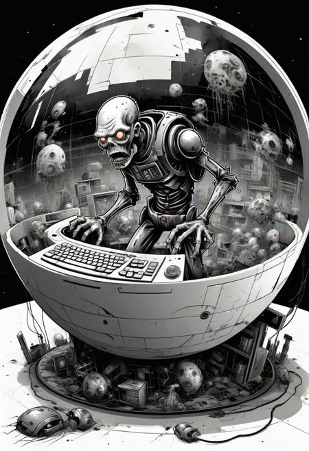 hilarious comic scene featuring a zombie cyborg entering a sphere computer while preparing to explore a sci-fi world filled with quirky creatures, rendered in vector art style with watercolor textures in black & white palette. Perfect for a movie poster or graphic novel cover. Art by renowned artists like Tim Burton, Jhonen Vasquez, or Mike Mignola.
