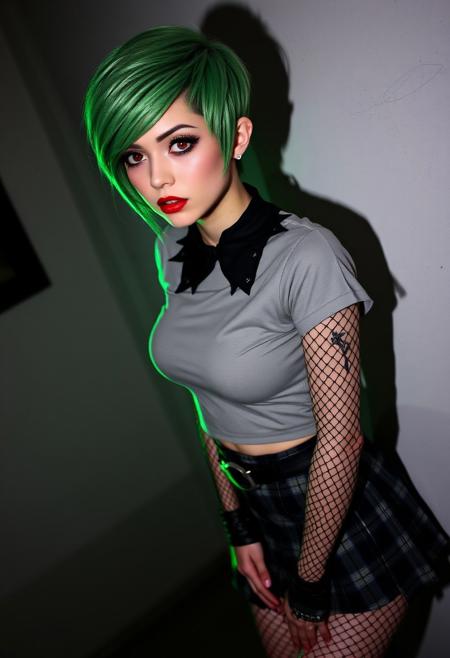 pixie cut, fem-male, black collar, green hair, plaid skirt, fishnet stocking sleeves, leather boots, short tee-shirt, tattooed, pink eyes, chastity