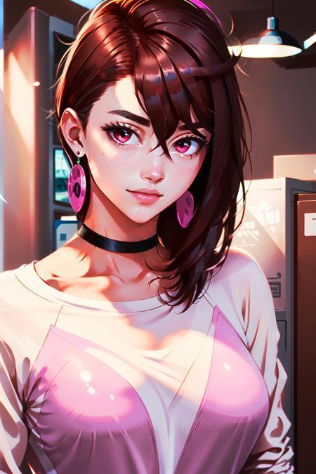 1girl, <lora:MomoAyase:0.8>, (joy:0.7),  solo, pink earrings, (smirking:0.7), brown hair, white pink shirt, best quality, masterpiece, sharp focus, 4k,