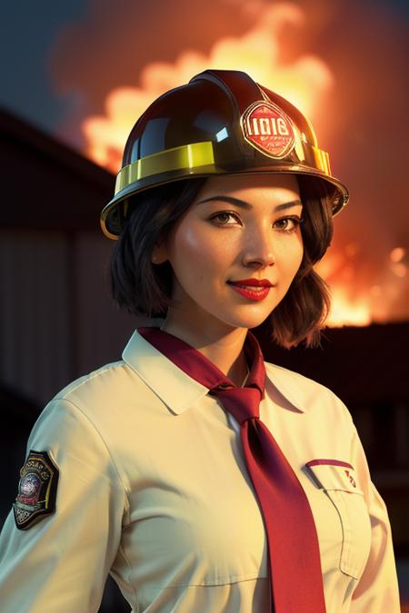 photo of a woman, oliviam, ((necktie, shirt, firefighter helmet, firefighter jacket):1.2), ((closeup, portrait)),((outdoors, neighborhood, homes, at night, fire, explosions):1.2),smiling, ((red lipstick, eyeliner, eye shadow, blush)), ((best quality, masterpiece, extreme details, high resolution):1.2),((detailed eyes, beautiful eyes, detailed face, beautiful face):1.2)