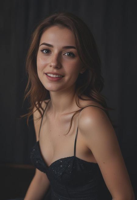photo of an 21 years old woman, kneeling:1.2, looking up at the camera, taken in a dark room, brown hair, freckles, big eyes with thick eyeliner, smiling, round clear low angled eyes, seductive gaze, soft diffuse light, soft diffuse backlight, shallow focus,(nighttime:1.5), (bokeh effect:1.2),(cinematic face:1.1),(best quality, best image:1.5),(film grain:1.1),(film photography, dramatic shadows), (eye highlight catchlight:1.3),(perfect composition)